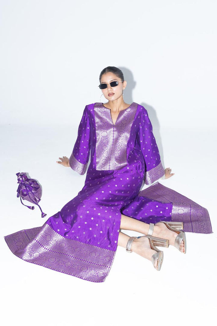 Nats Statement Silk Kaftan With Brocade Detail - Purple