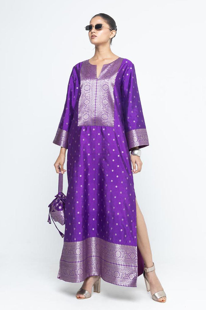 Nats Statement Silk Kaftan With Brocade Detail - Purple
