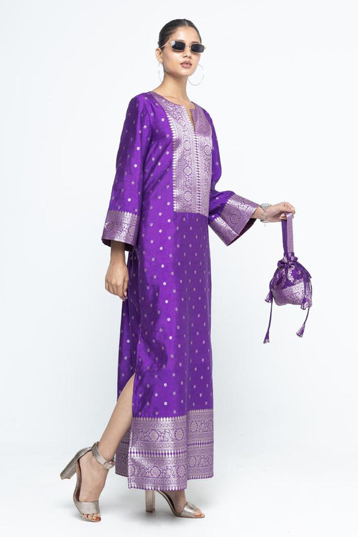 Nats Statement Silk Kaftan With Brocade Detail - Purple