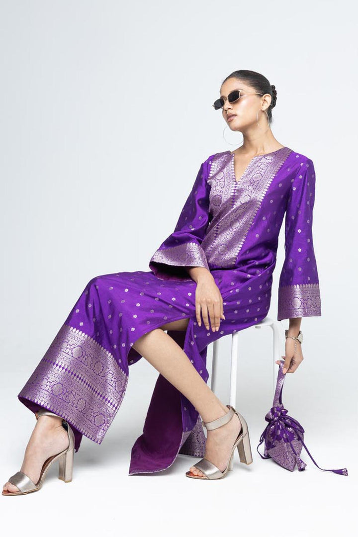 Nats Statement Silk Kaftan With Brocade Detail - Purple