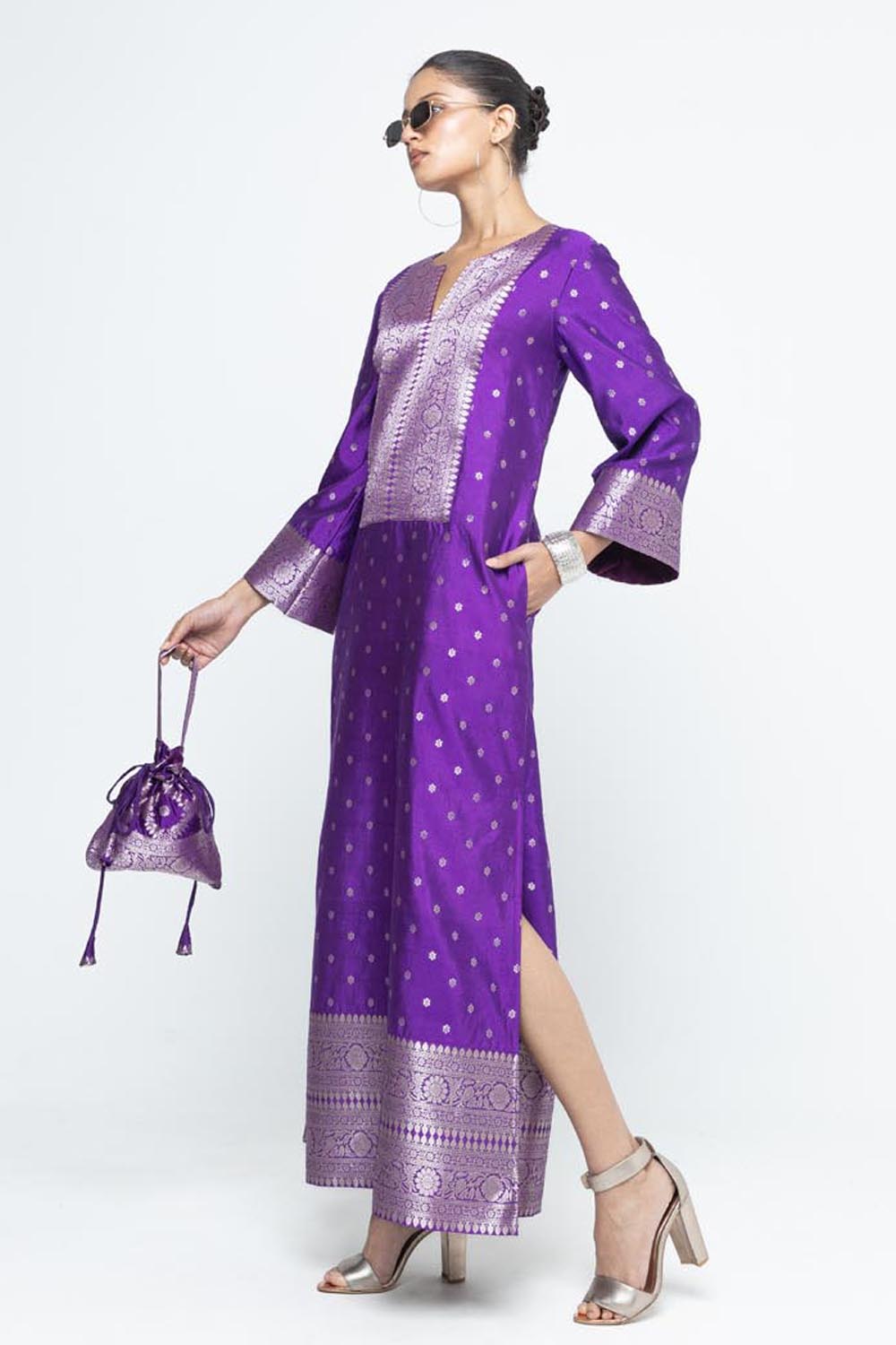 Nats Statement Silk Kaftan With Brocade Detail - Purple