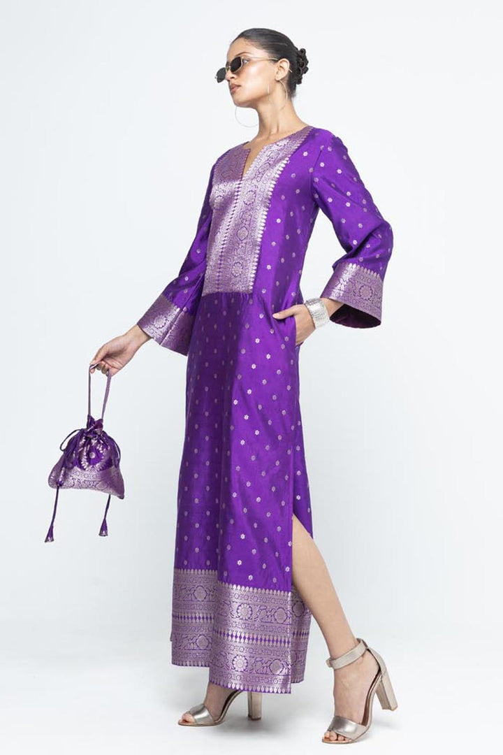 Nats Statement Silk Kaftan With Brocade Detail - Purple