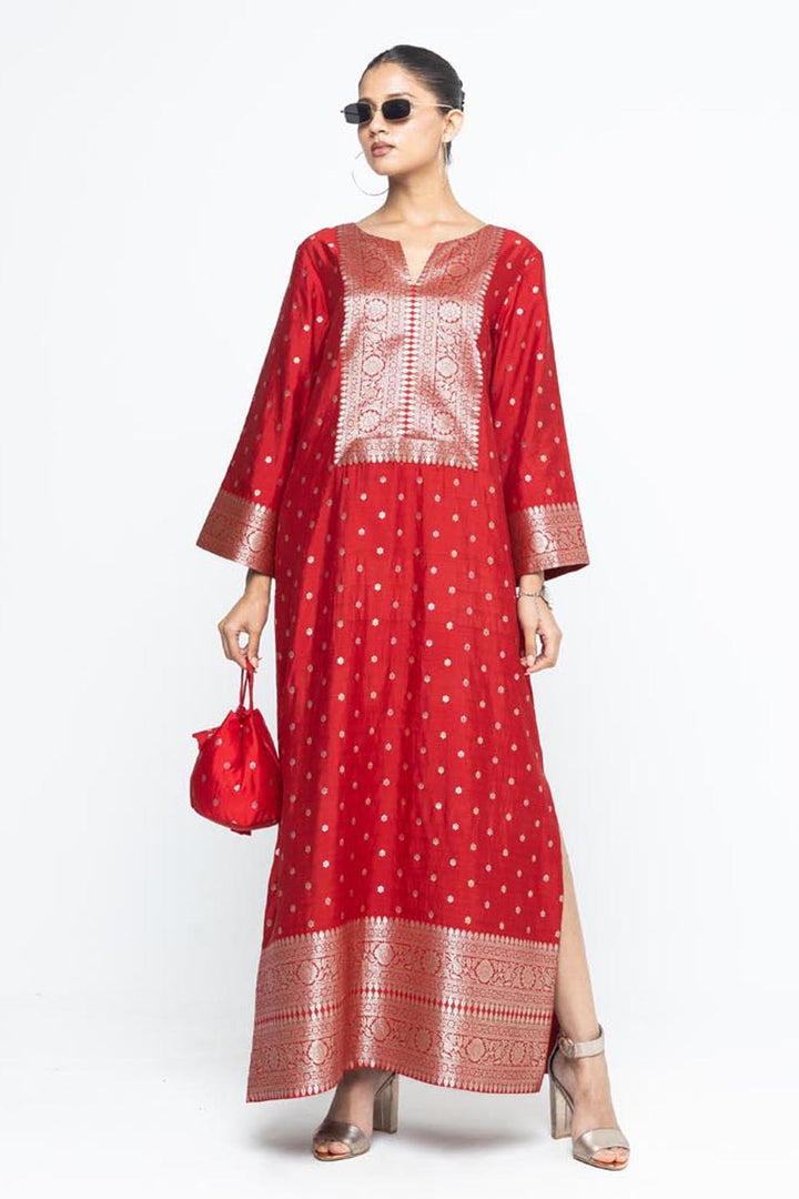 Nats Statement Silk Kaftan With Brocade Detail - Red