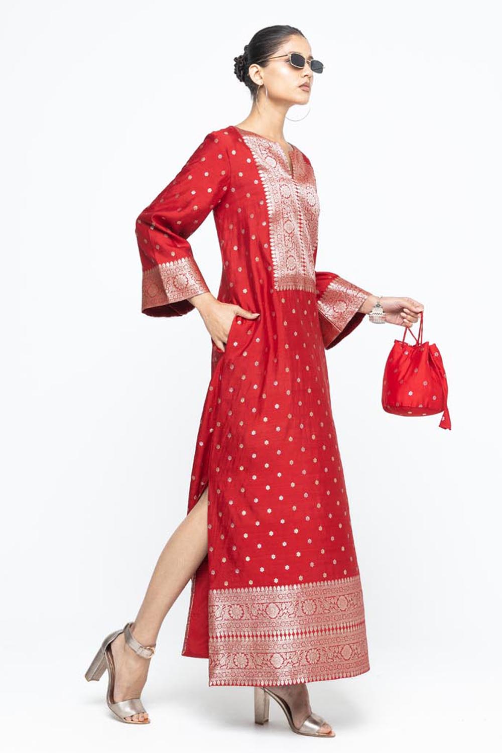 Nats Statement Silk Kaftan With Brocade Detail - Red