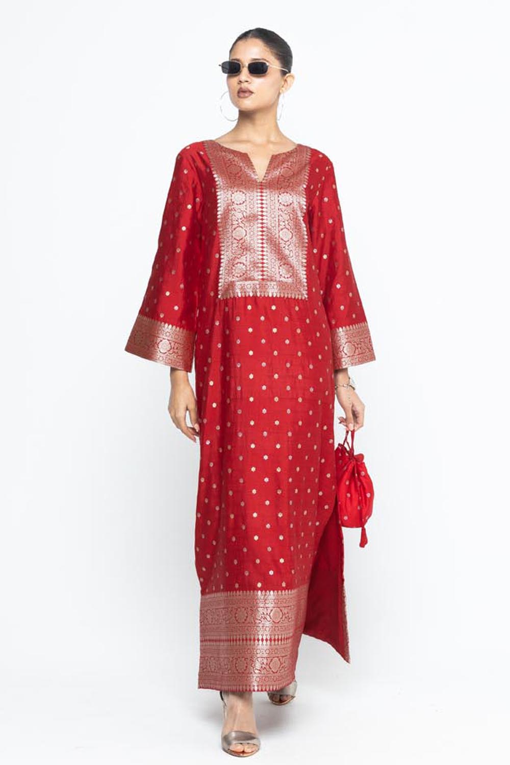 Nats Statement Silk Kaftan With Brocade Detail - Red