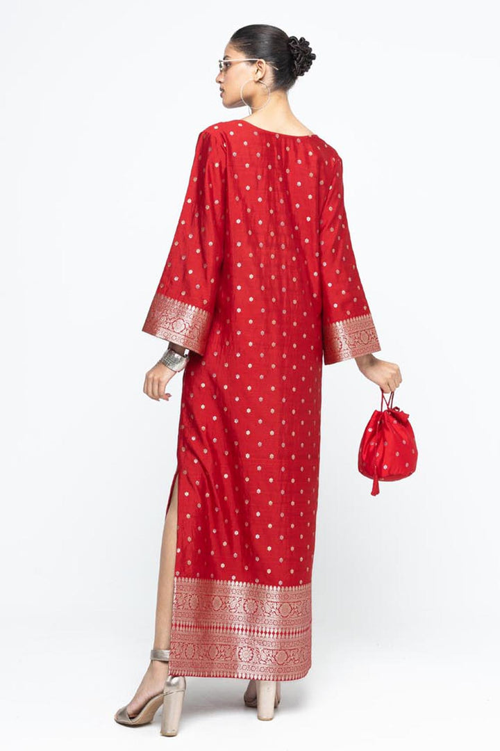 Nats Statement Silk Kaftan With Brocade Detail - Red