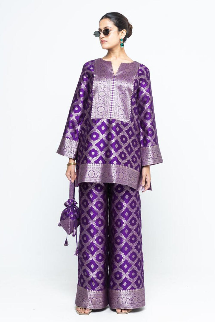 Heera Brocade Jaal Kurta With Pants - Purple