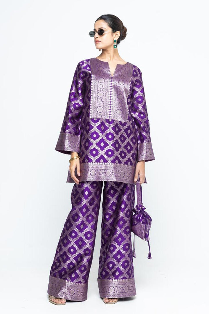 Heera Brocade Jaal Kurta With Pants - Purple