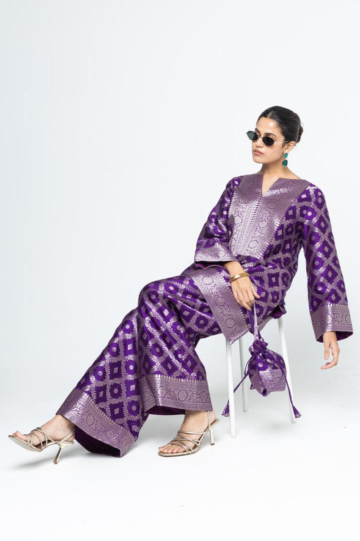 Heera Brocade Jaal Kurta With Pants - Purple