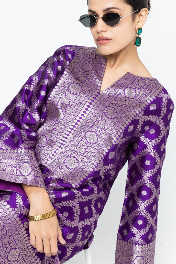 Heera Brocade Jaal Kurta With Pants - Purple