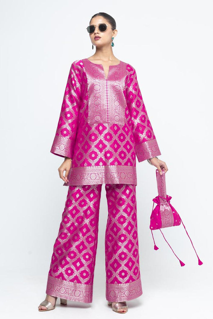 Heera Brocade Jaal Kurta With Pants - Pink