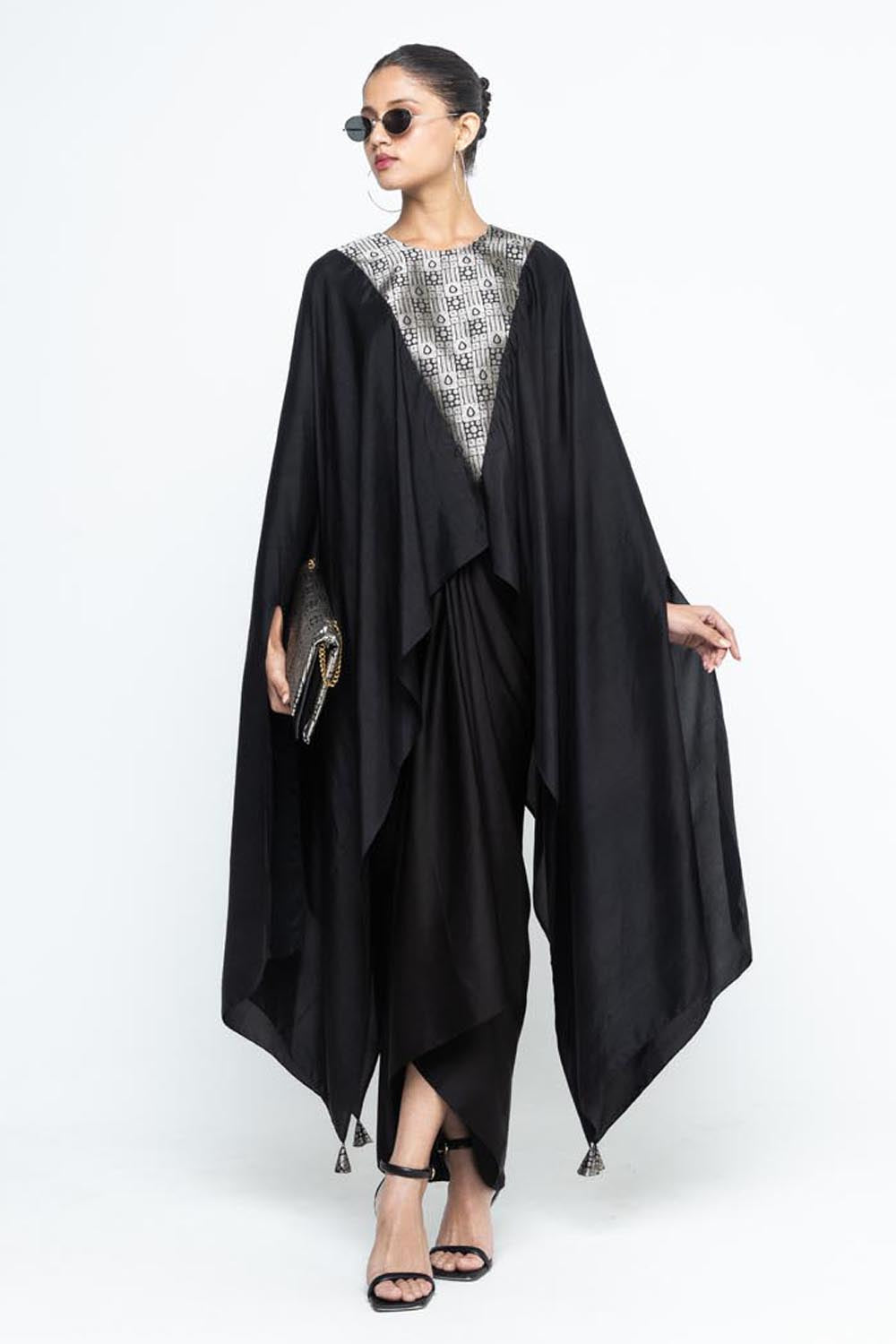 Trisha Statement Silk Cape & Skirt Set - Black
