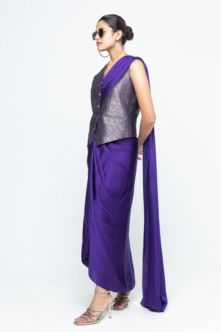 Kiara Statement Waistcoat Saree - Purple