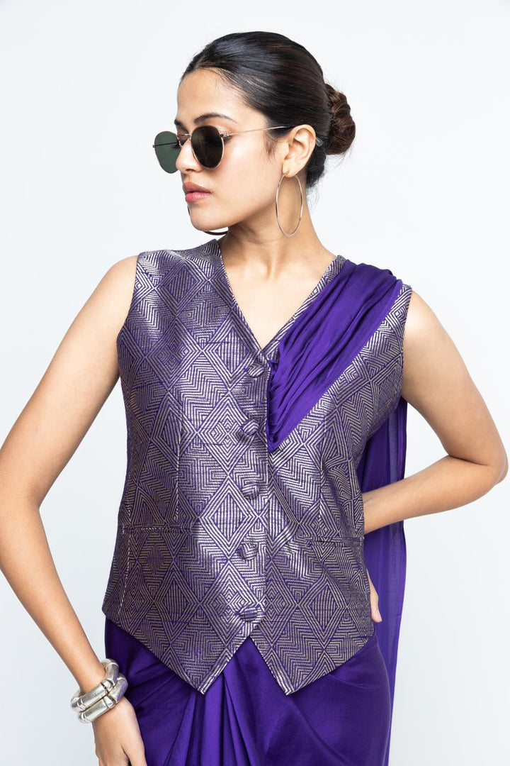 Kiara Statement Waistcoat Saree - Purple