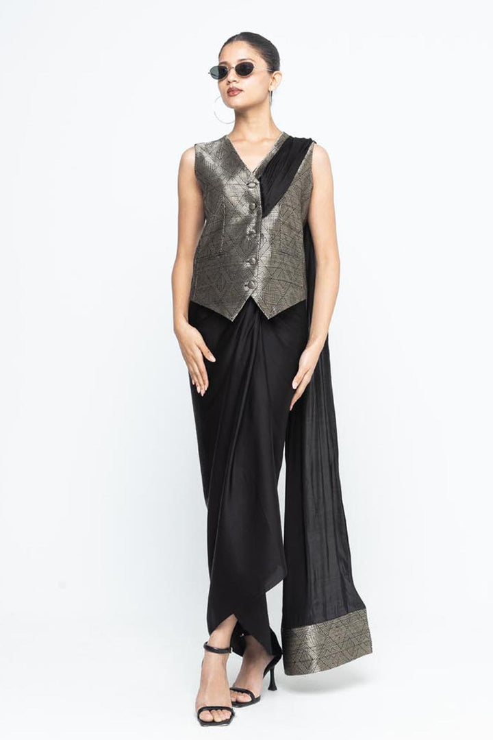 Kiara Statement Waistcoat Saree - Black