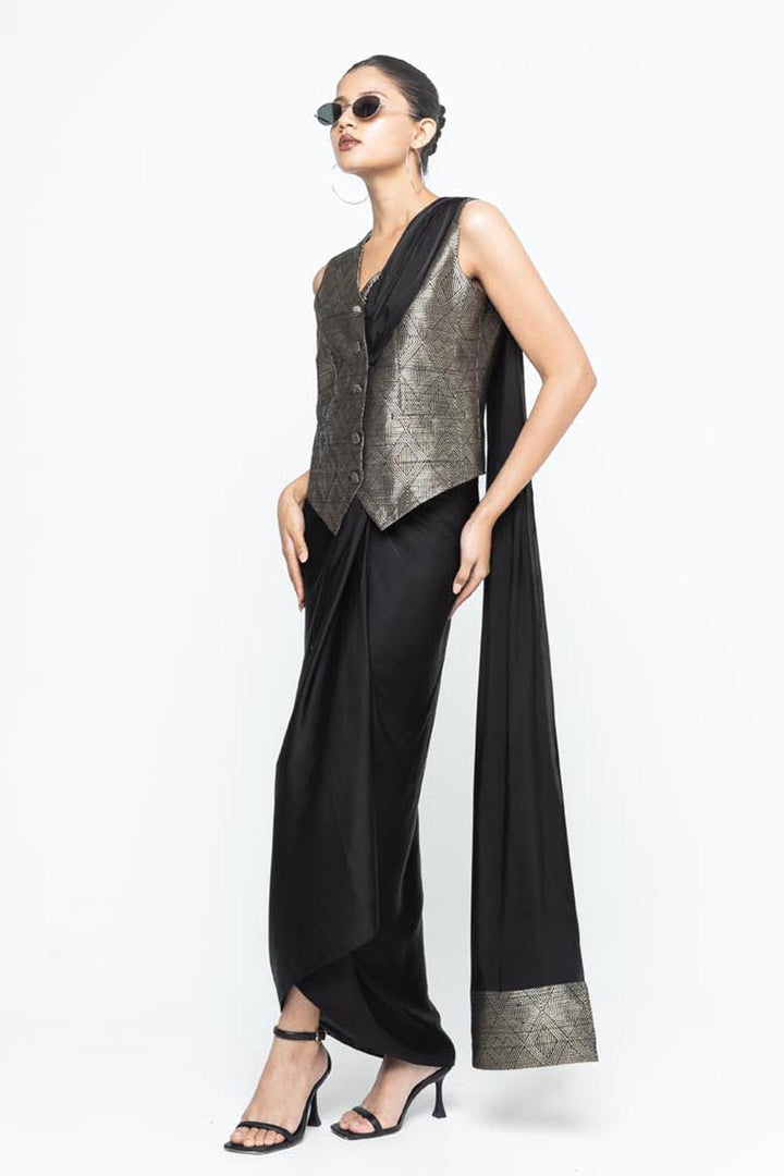 Kiara Statement Waistcoat Saree - Black