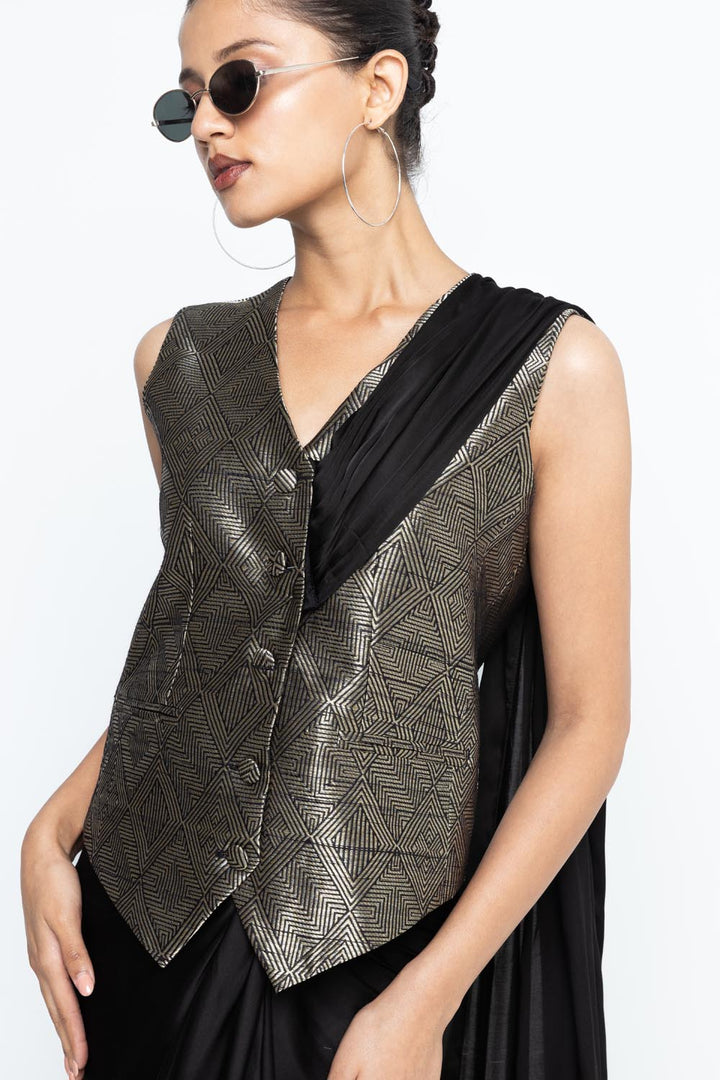 Kiara Statement Waistcoat Saree - Black