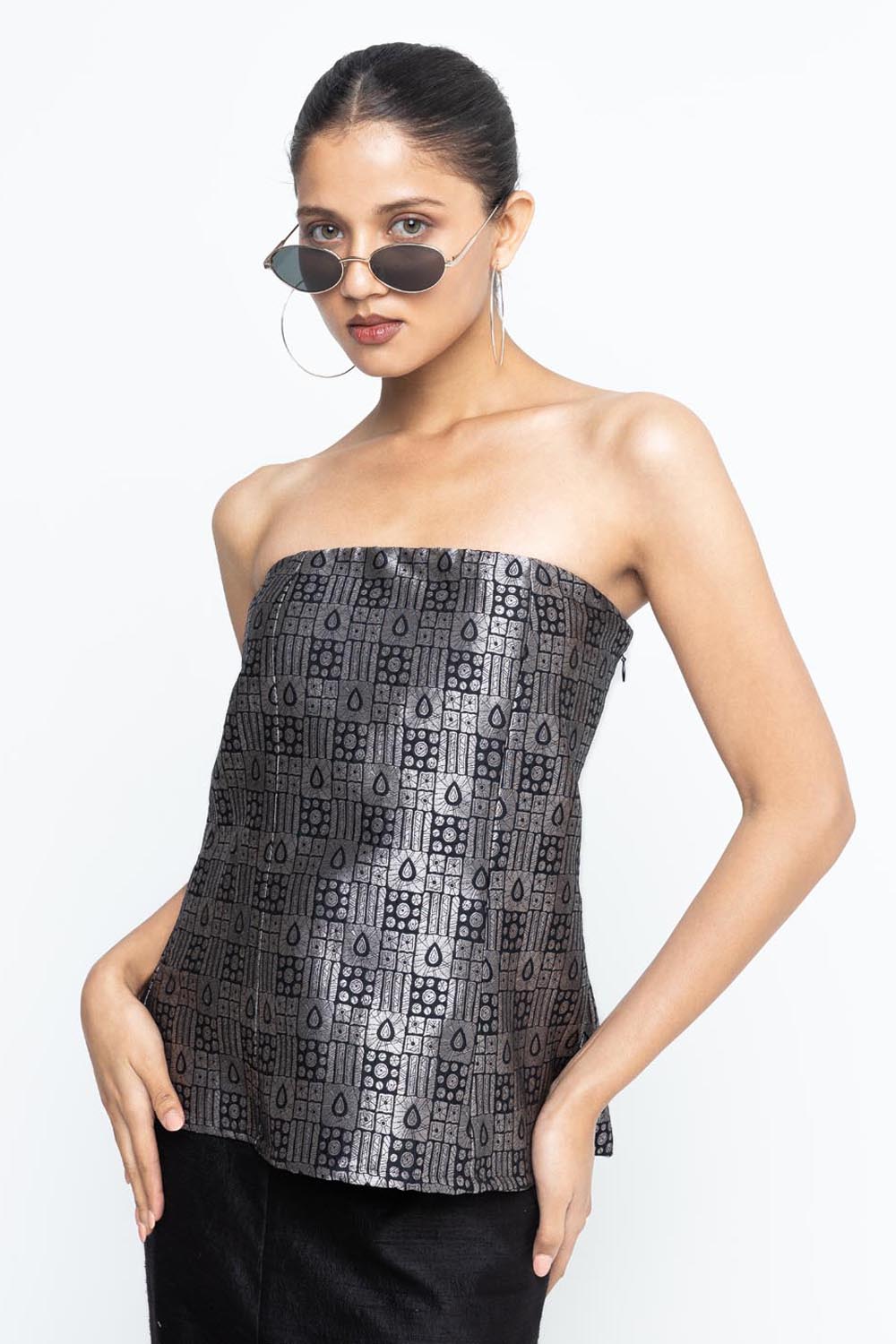 Dela Strapless Brocade Top and Pants - Black