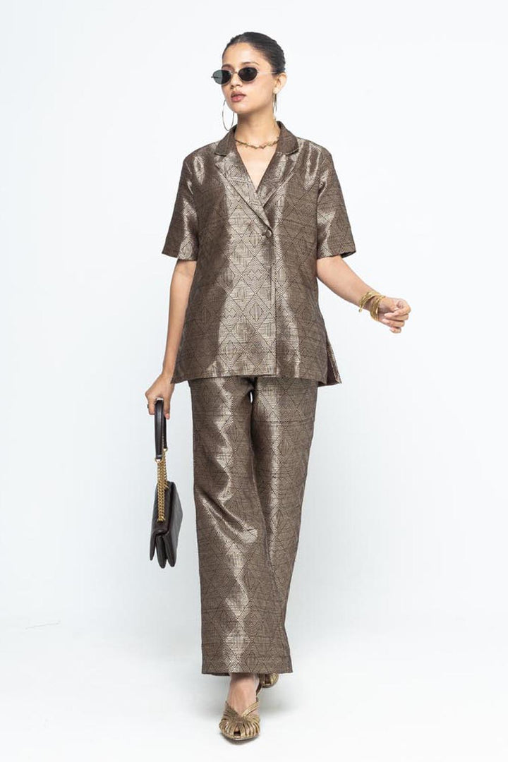 Metallic Brown Wrap Blazer Set