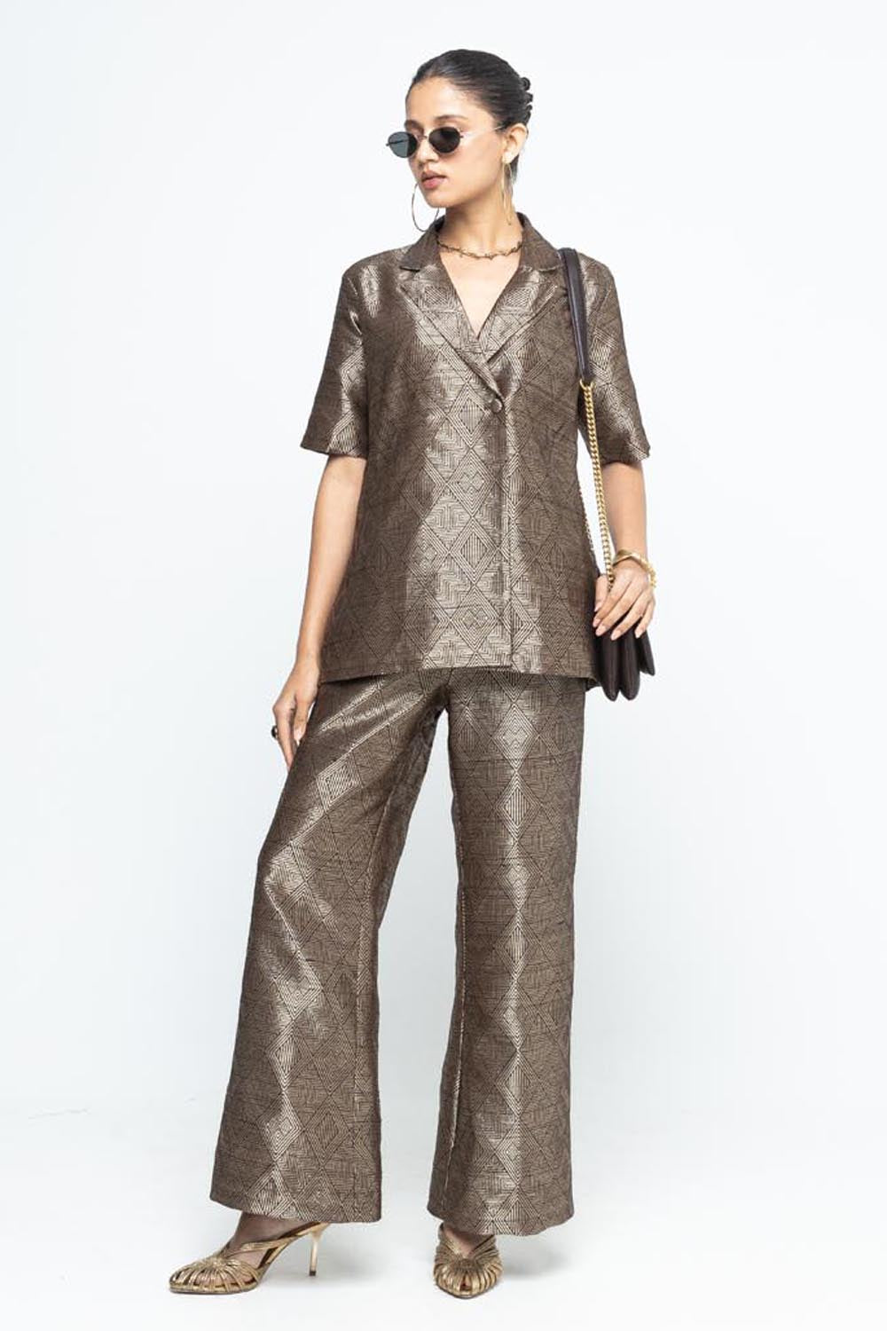 Metallic Brown Wrap Blazer Set