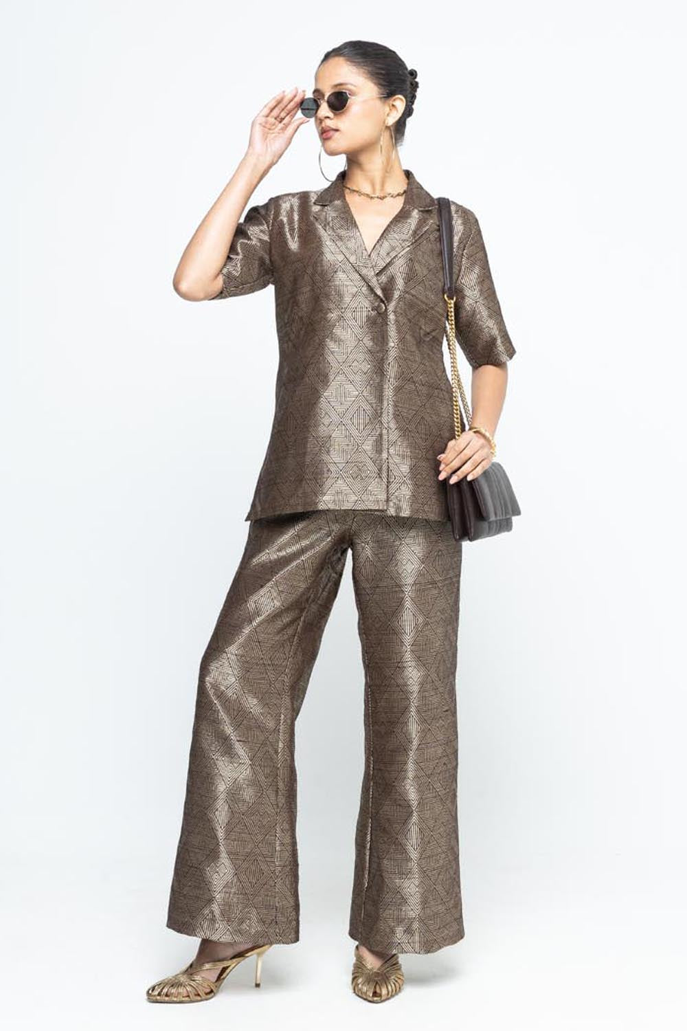 Metallic Brown Wrap Blazer Set