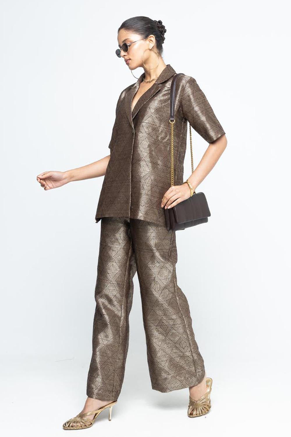 Metallic Brown Wrap Blazer Set
