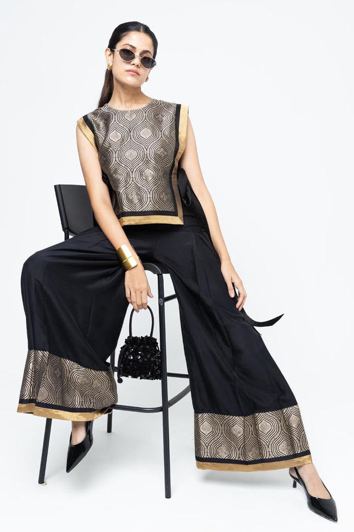 Miri Brocade Bib With Pant Set - Black