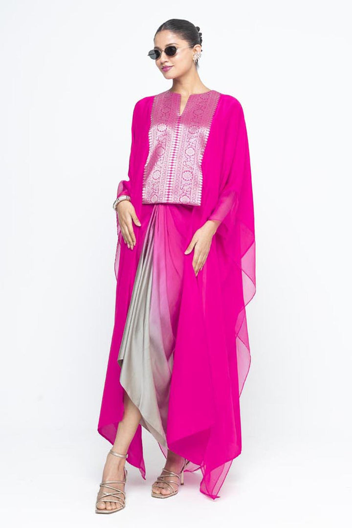Onaya Statement Silk Cape and Ombre Skirt Set - Pink