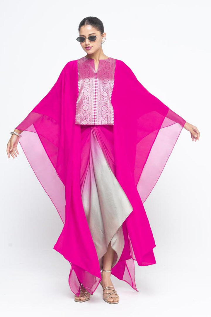 Onaya Statement Silk Cape and Ombre Skirt Set - Pink