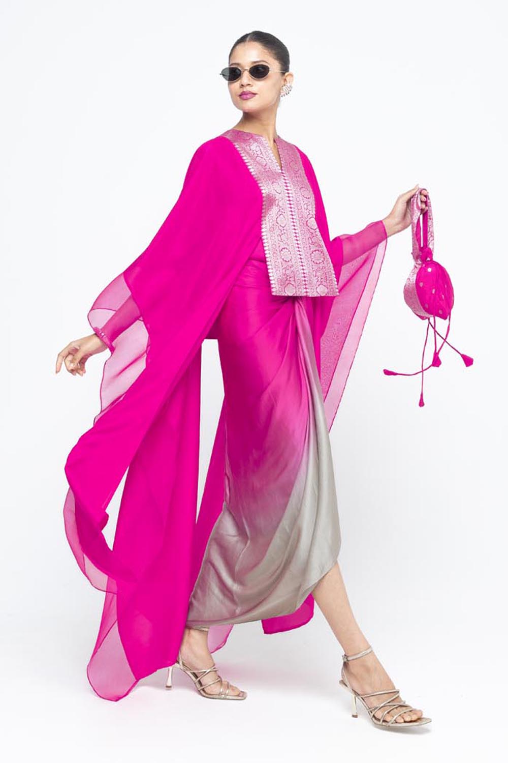 Onaya Statement Silk Cape and Ombre Skirt Set - Pink