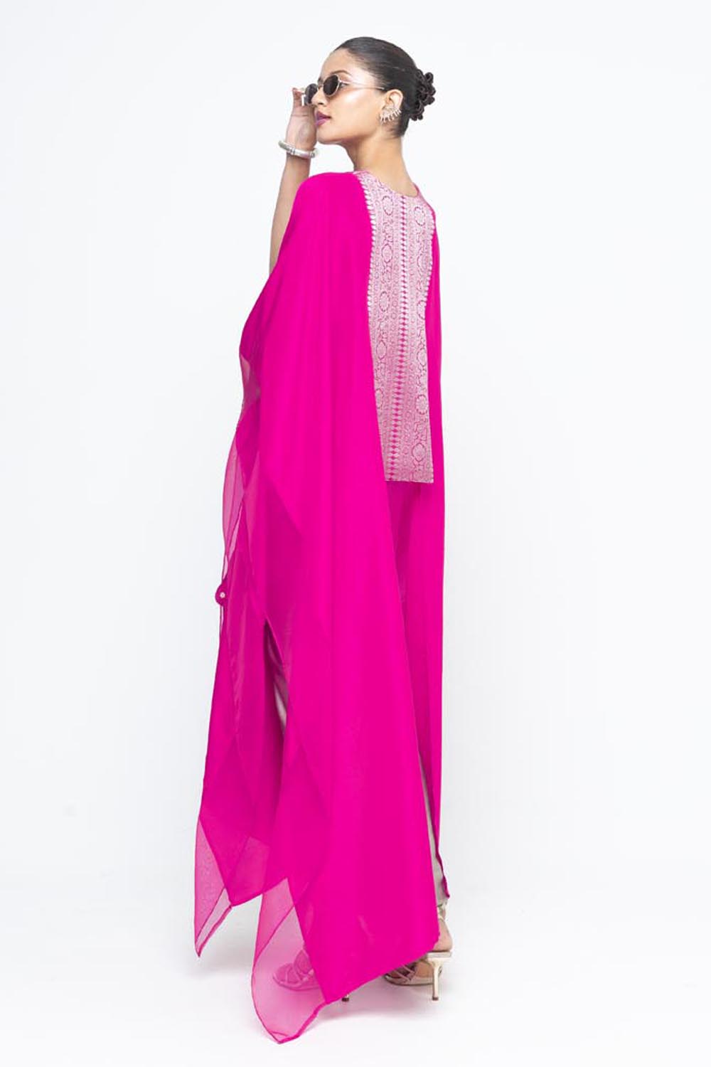 Onaya Statement Silk Cape and Ombre Skirt Set - Pink
