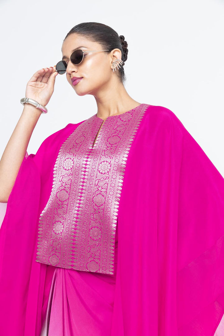Onaya Statement Silk Cape and Ombre Skirt Set - Pink