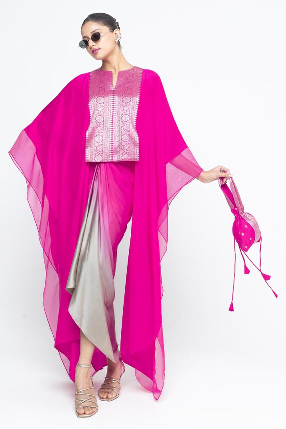 Onaya Statement Silk Cape and Ombre Skirt Set - Pink