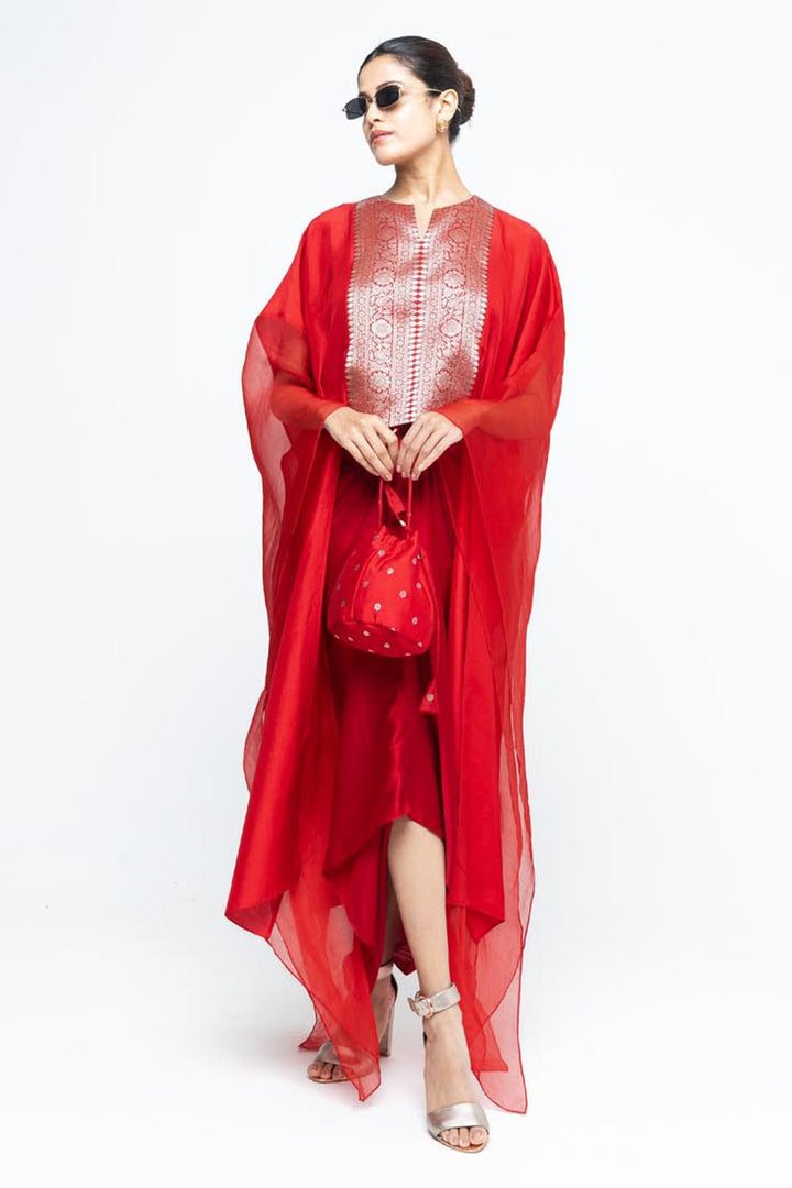 Onaya Statement Silk Cape and Skirt Set - Red