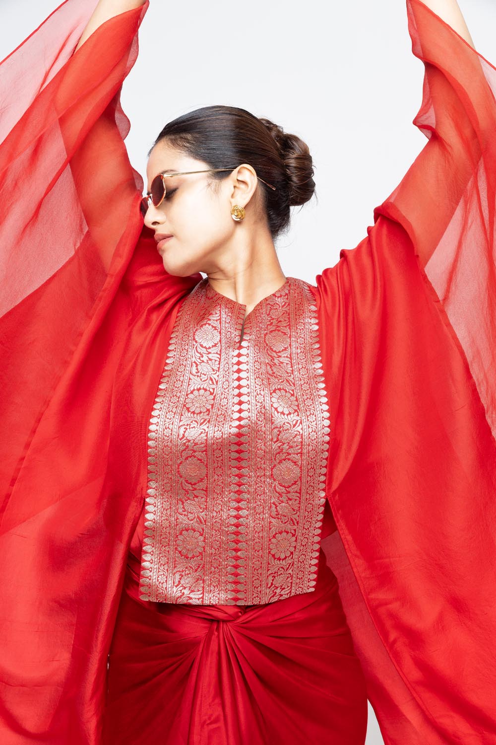 Onaya Statement Silk Cape and Skirt Set - Red