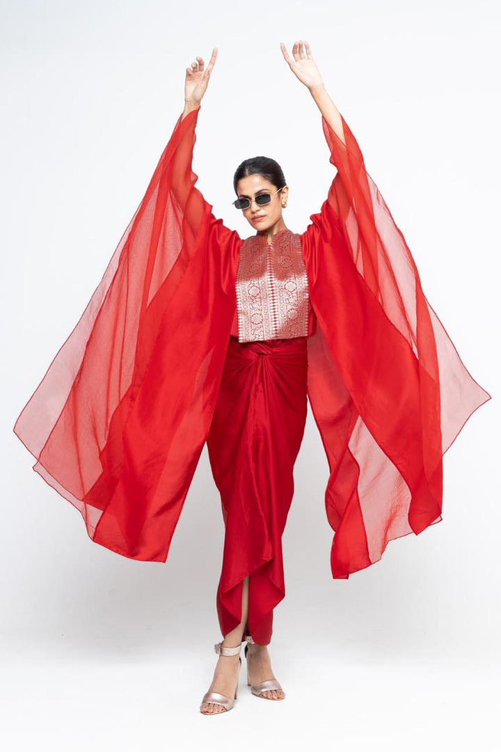 Onaya Statement Silk Cape and Skirt Set - Red
