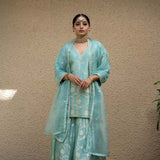 Firozi Blue Floral Jaal Benerasi Kora Silk Sharara Set