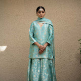 Firozi Blue Floral Jaal Benerasi Kora Silk Sharara Set