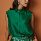 Green Brocade Pants Paired With Matching Silk Shirt