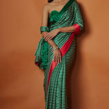 Green Striped With Contrast Red Border Printed Saree Set