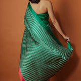 Green Striped With Contrast Red Border Printed Saree Set