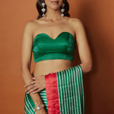 Green Striped With Contrast Red Border Printed Saree Set