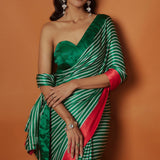 Green Striped With Contrast Red Border Printed Saree Set