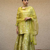 Lime Green Floral Jaal Benarasi Kora Silk Sharara Set