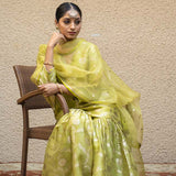 Lime Green Floral Jaal Benarasi Kora Silk Sharara Set