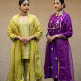 Lime Green Floral Jaal Benarasi Kora Silk Sharara Set