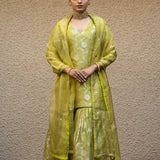 Lime Green Floral Jaal Benarasi Kora Silk Sharara Set