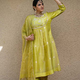 Lime Green Jaal Neck Butt Benarasi Kora Silk Kurta Set