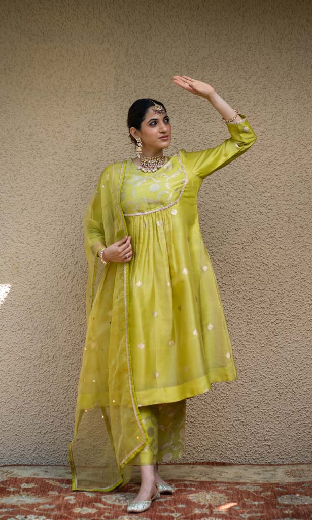 Lime Green Jaal Neck Butt Benarasi Kora Silk Kurta Set