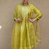 Lime Green Jaal Neck Butt Benarasi Kora Silk Kurta Set